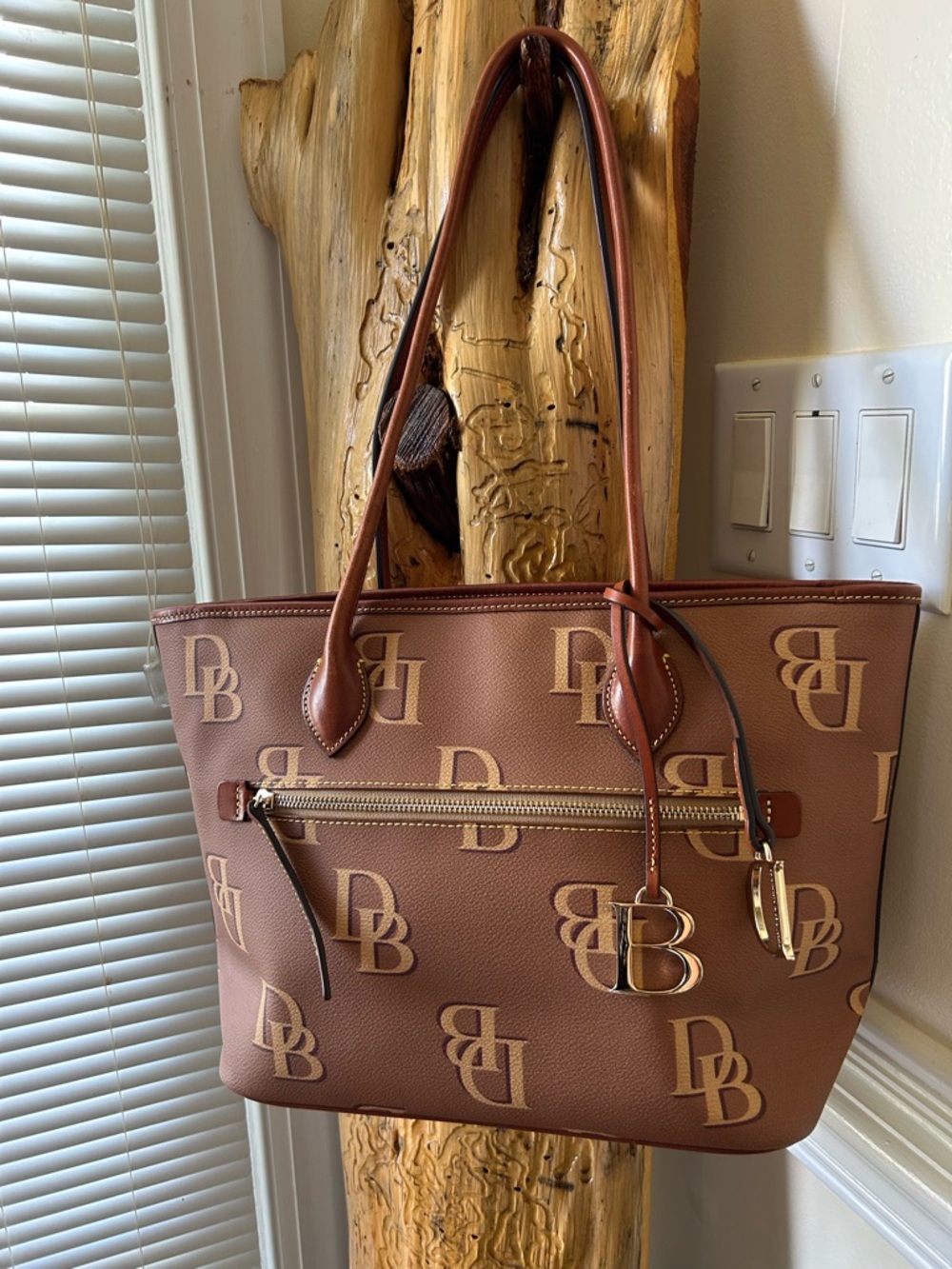 Dooney & Bourke Brown Logo Tote with Front Zip and Gold Accents